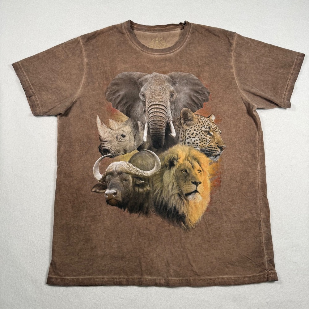 Kool Africa Big Five Safari Graphic T-Shirt Brown Acid Wash Mens L Lion Rhino
